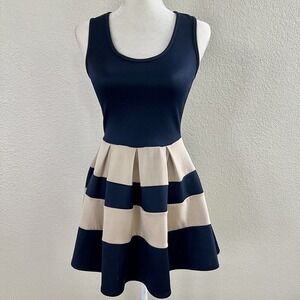 Flashing Lights Size Small Flare Party Dress Striped Dark Navy Blue & Off White